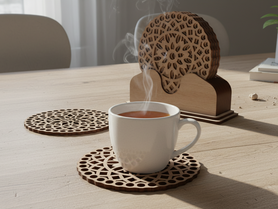 A set of round wooden mandala coasters with an ornate cut-out holder