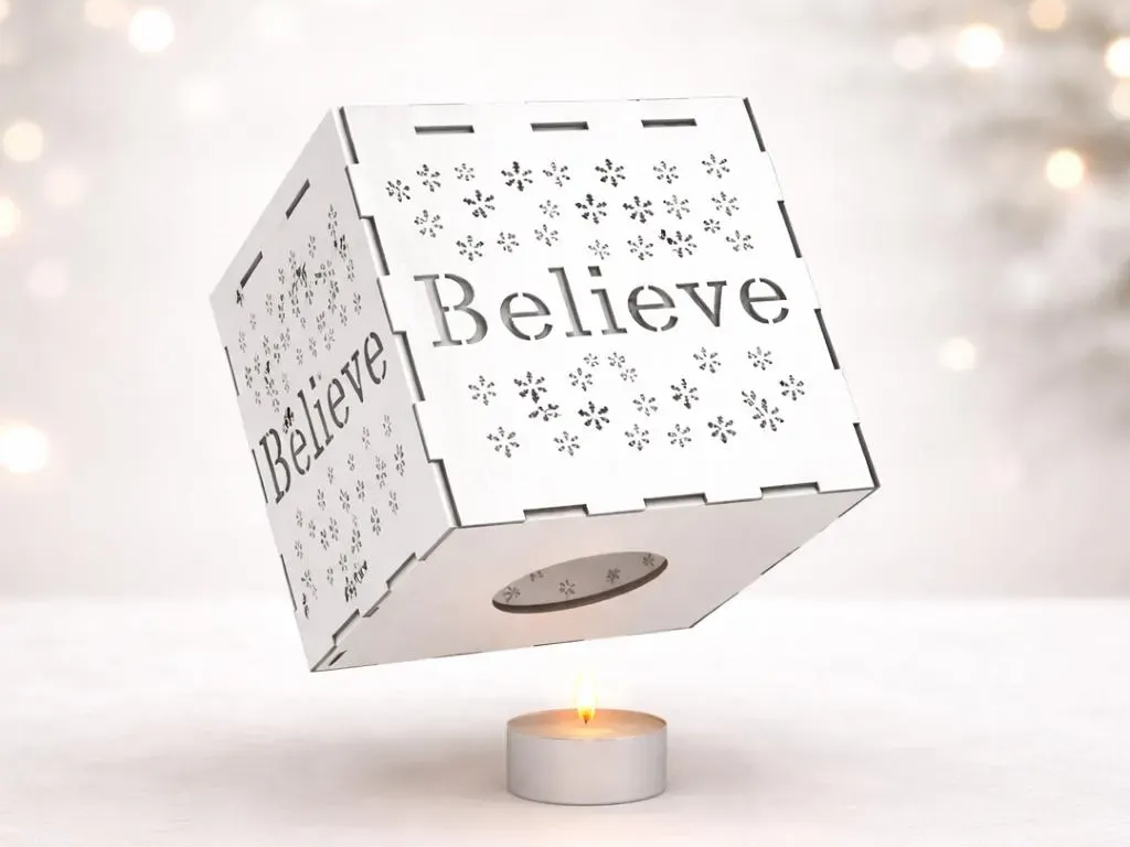 Believe Lantern SVG | Laser Cut Wood Candle Holder | Snowflake Christmas Decor (Digital Download) christmas gift for mom design