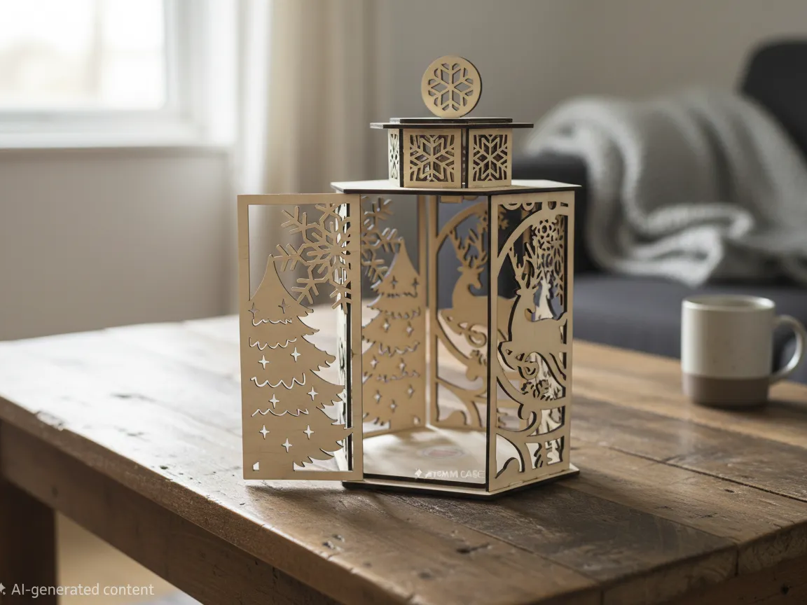 Laser cut wooden Christmas lantern with reindeer and tree design panels