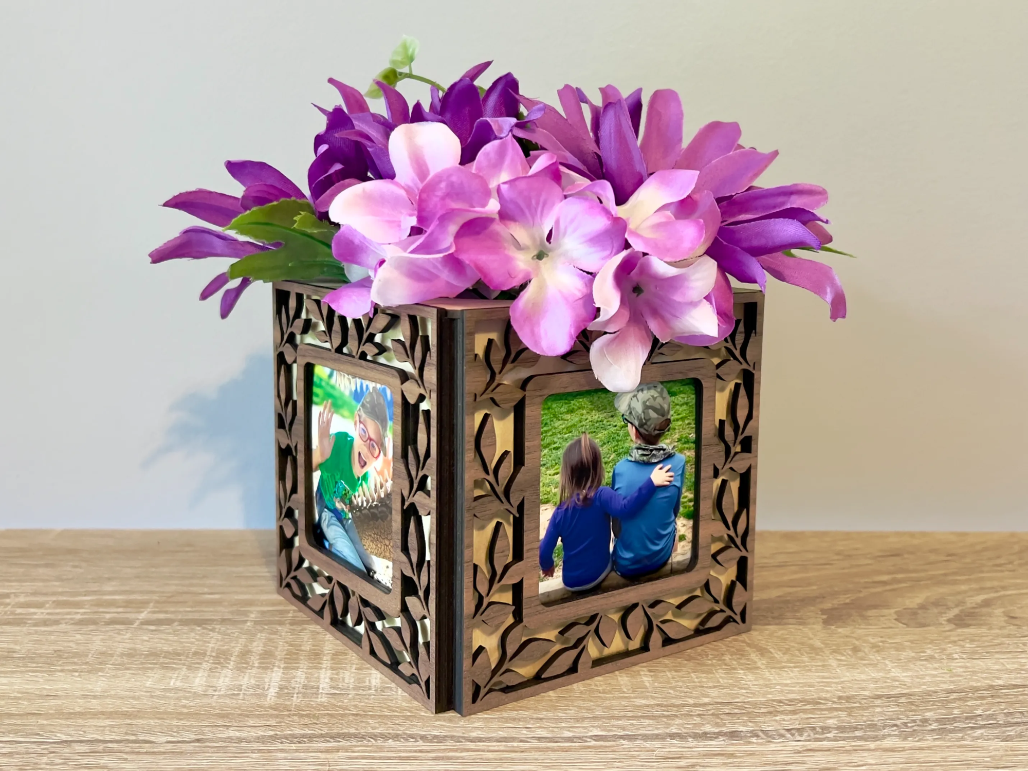 Photo Frame Planter laser-cut design on a styled shelf