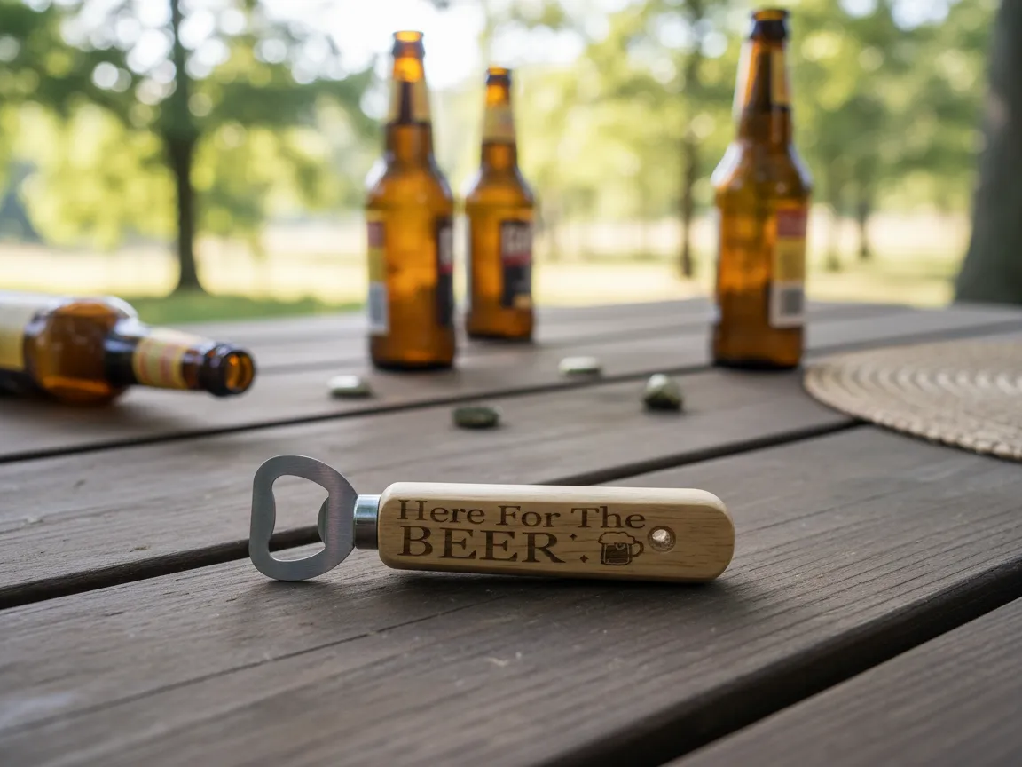 Wooden Handle Bottle Opener with Here For The Beer Text groomsmen gift idea