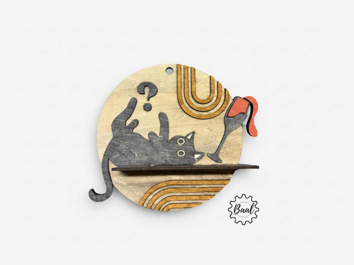 Estante de pared de madera con diseño de gato y copa de vino, idea de regalo de vino