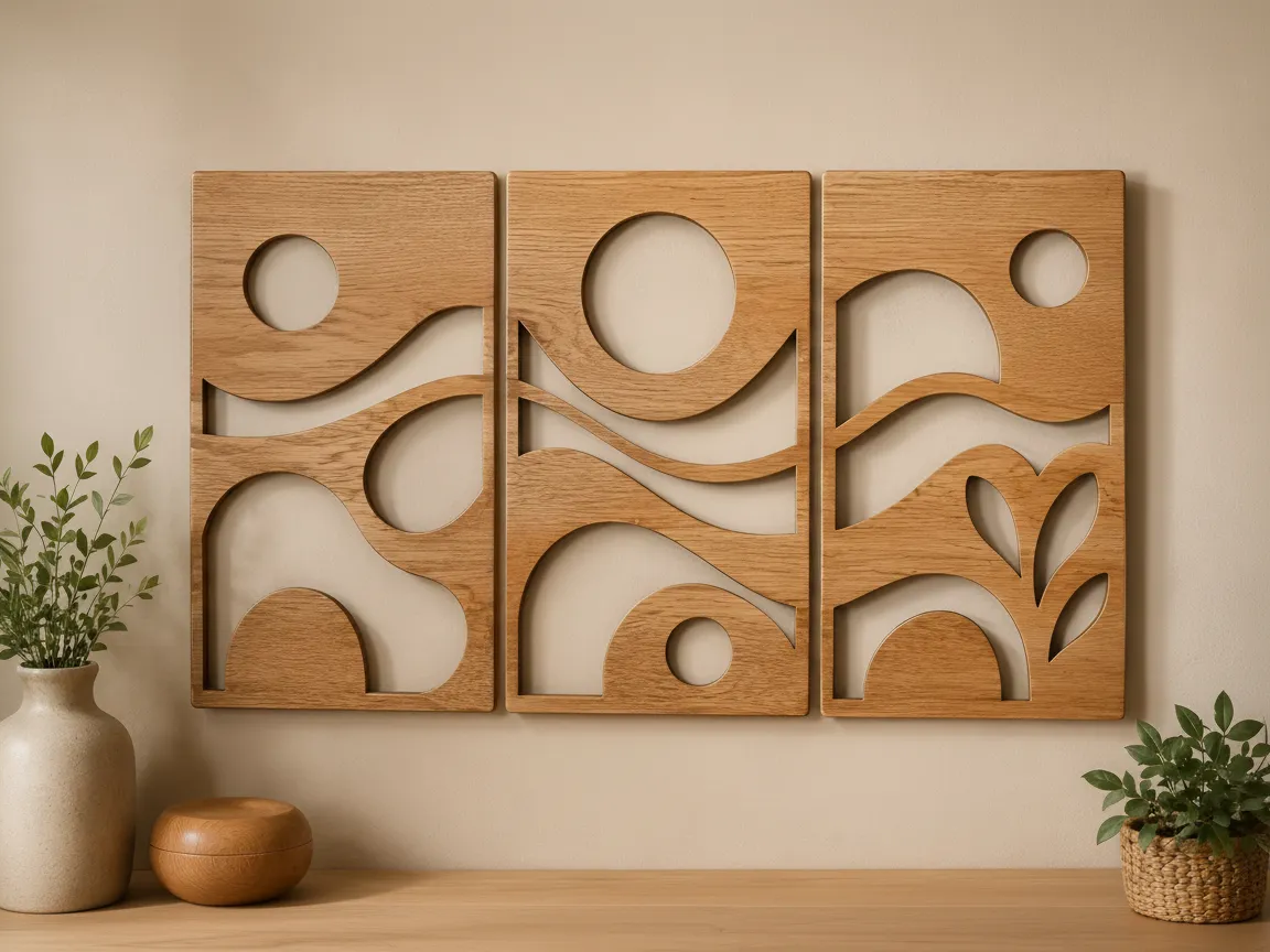 Panel dinding kayu geometris abstrak tiga bagian