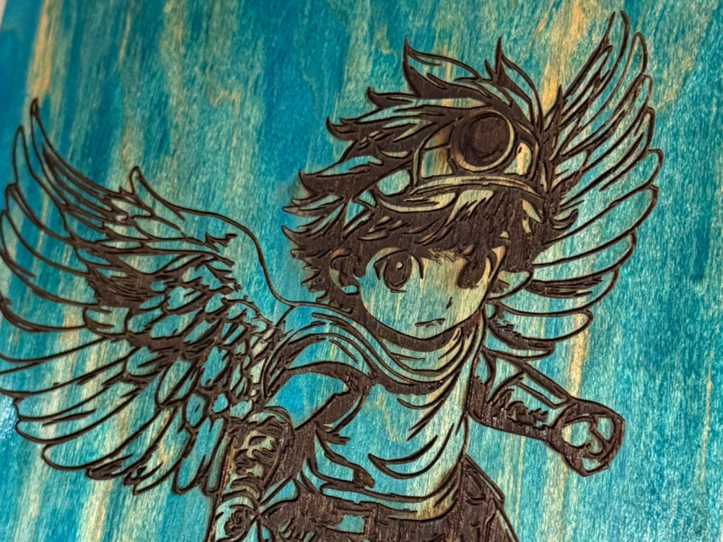 Kid Icarus Deep Engraving on a Skateboard wood sign design