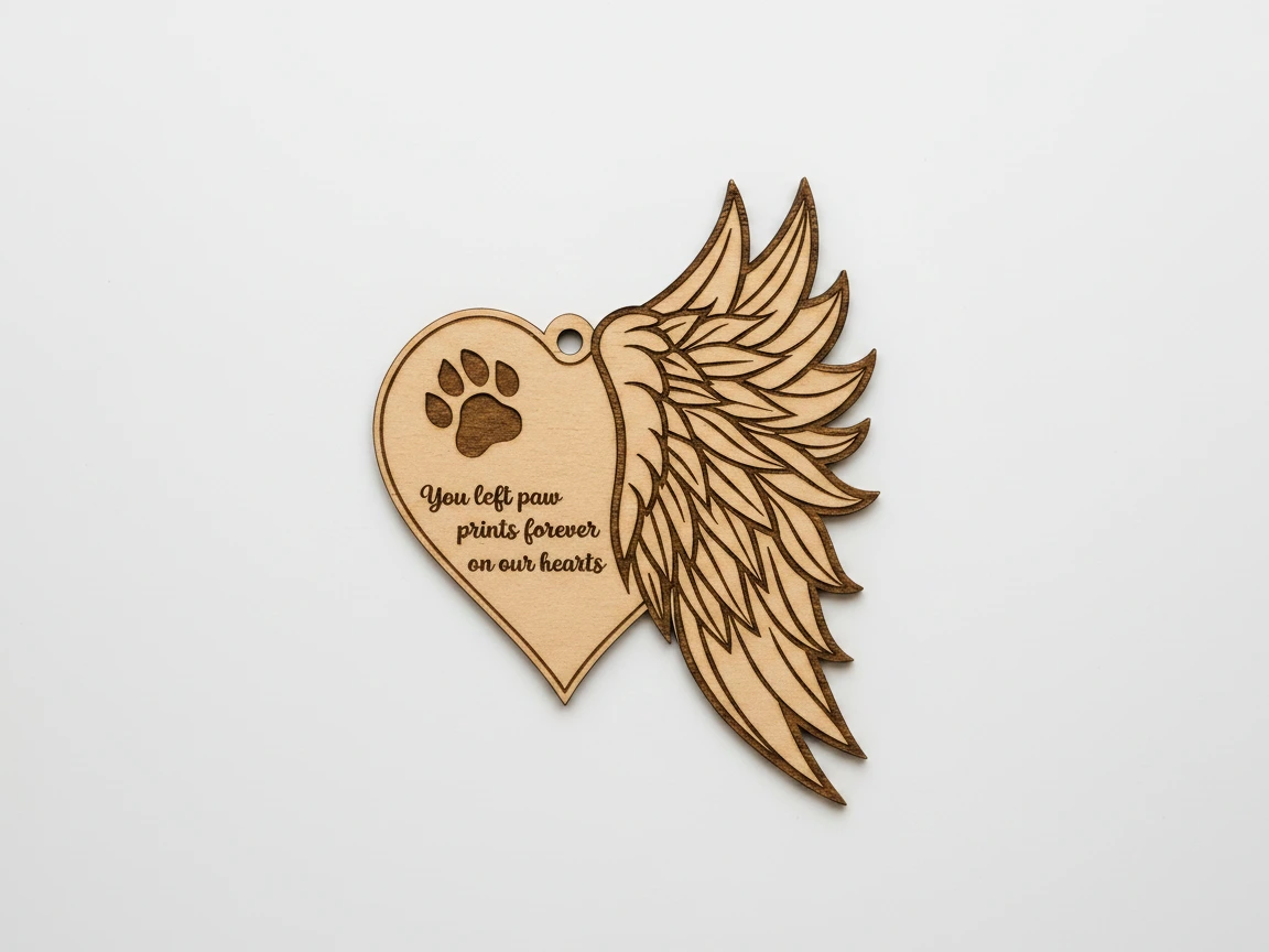 Pet remembrance wooden ornament with heart shape, paw print and detailed angel wing, laser engraved tribute for lost pets personalized ornament design on Atomm