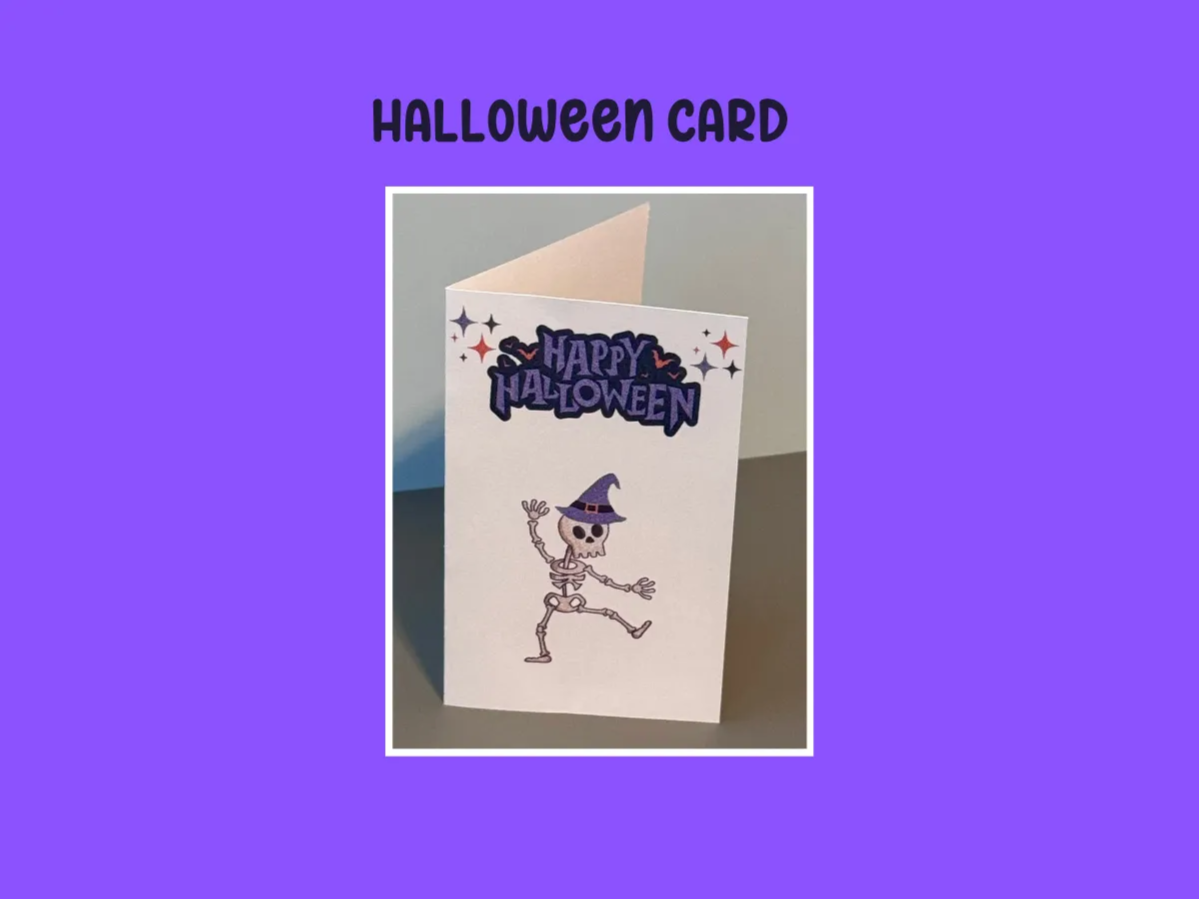 Biglietto felice Halloween con scheletro e cappello da strega - idea di decorazione per la festa di Halloween