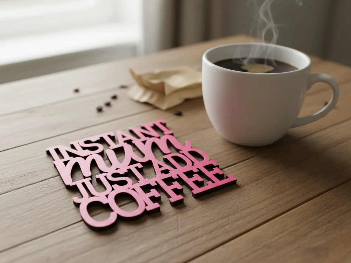 Table coaster with pink instant mum lettering