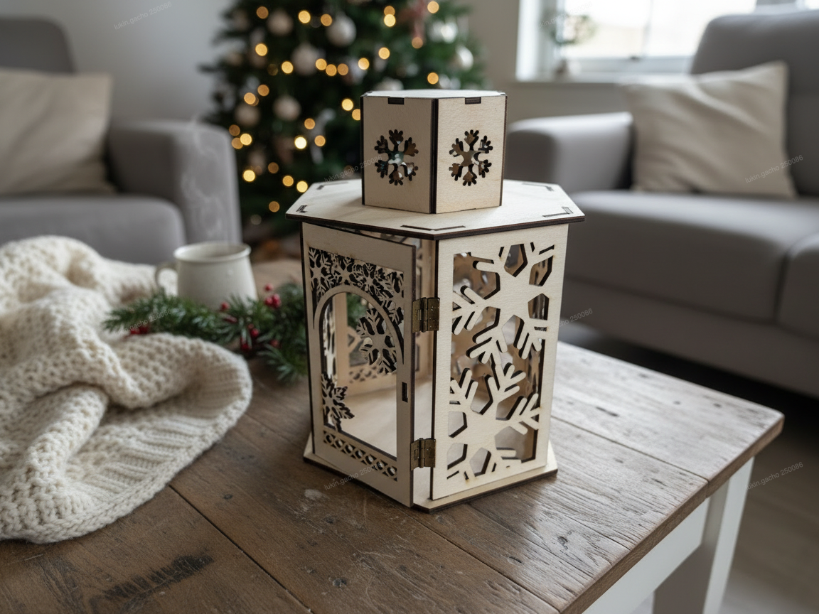 Hexagonal six-sided laser cut wooden Christmas lantern