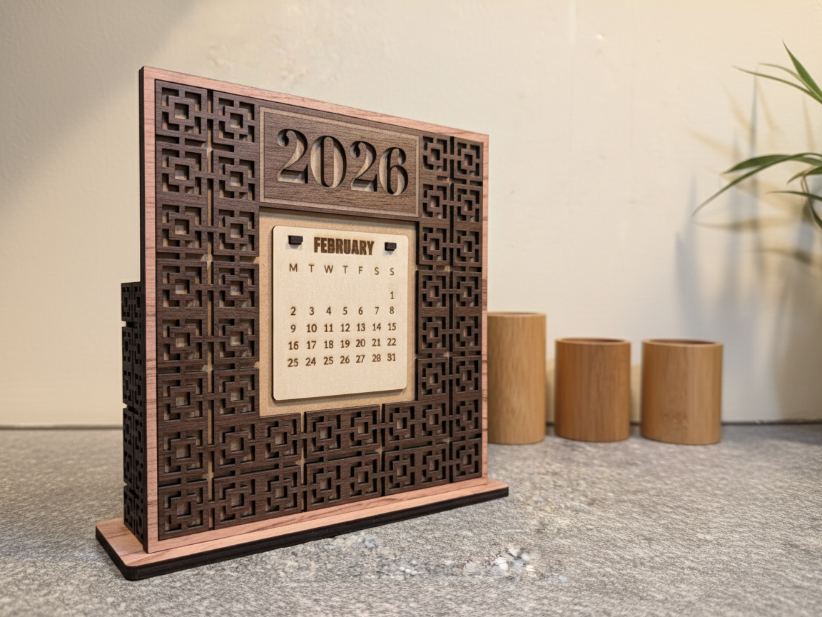 Laser Cut Wooden 2026 Desk Calendar with Geometric Pattern