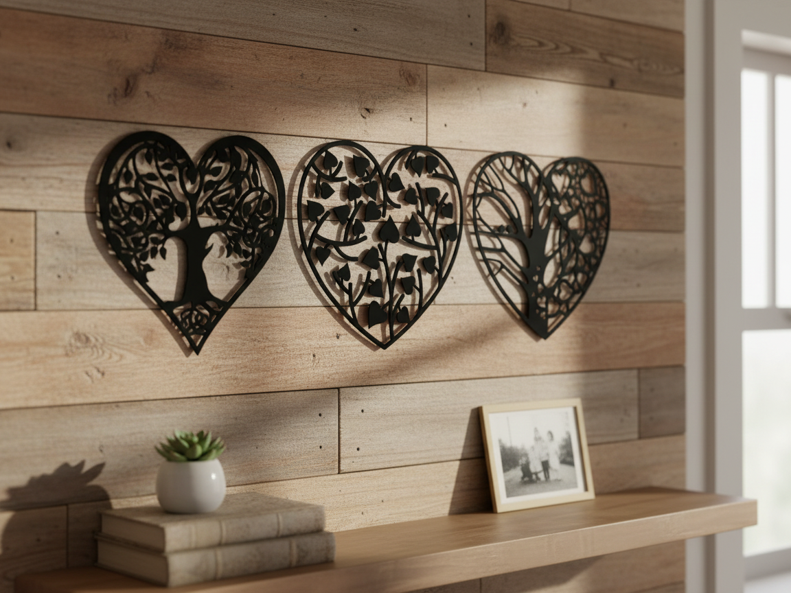 Set seni dinding pohon hati hitam di panel kayu