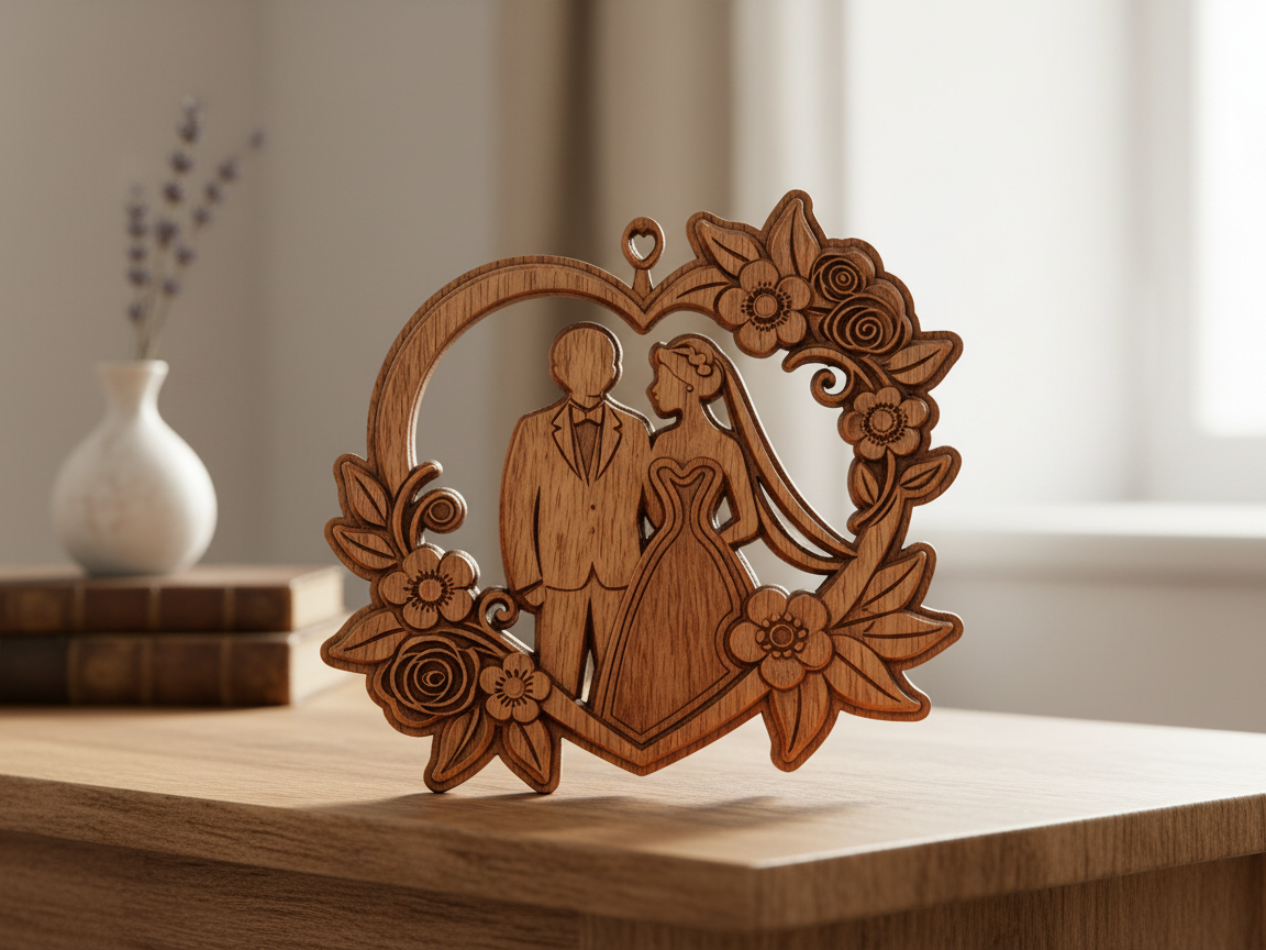 Heart Shaped Wedding Couple Ornament with Floral Wreath personalized ornament design on Atomm