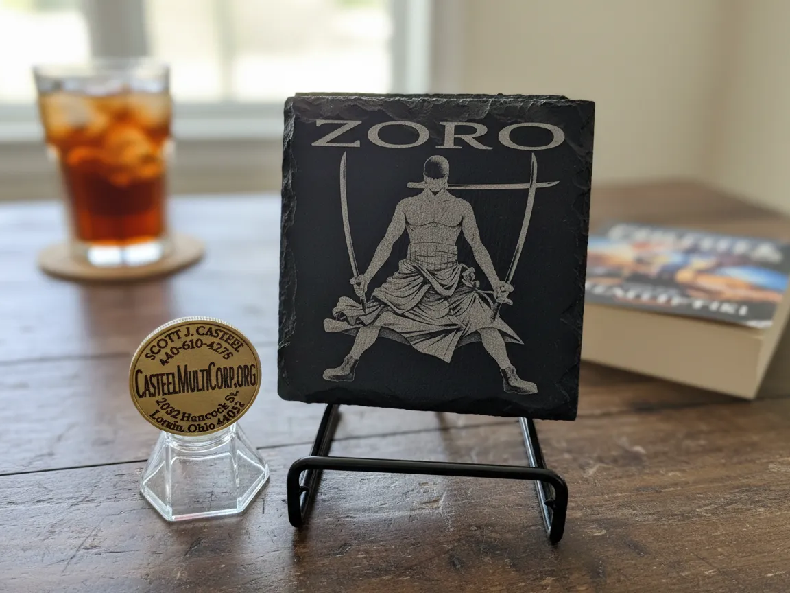 Black square slate coaster engraved with Roronoa Zoro and swords gift idea