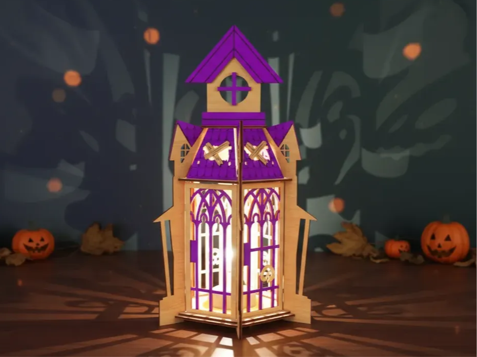 Lanterne à ombres Halloween gothique en bois, décoration d'Halloween pour extérieur découpée au laser