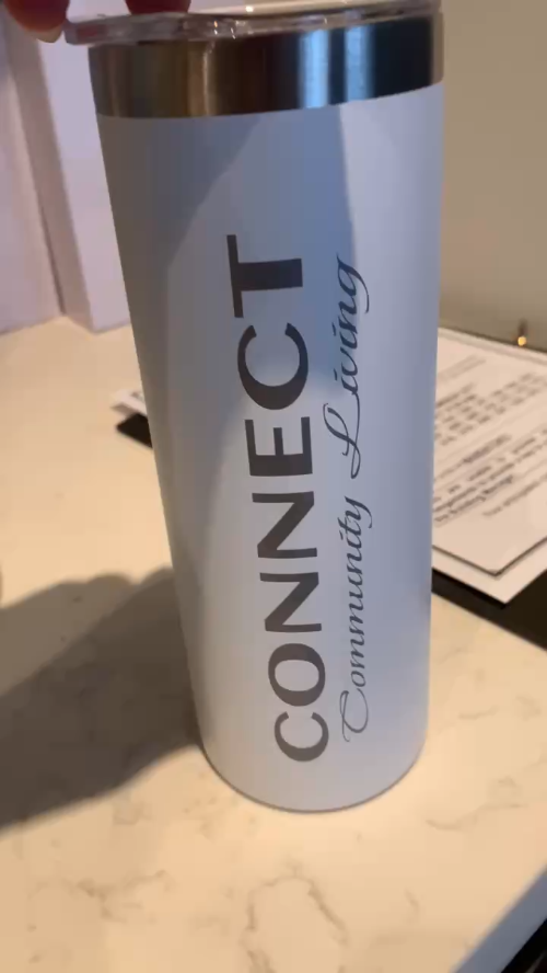 [Laser cut and engrave] Laser Engraved White Metal Tumbler with Community Living Text