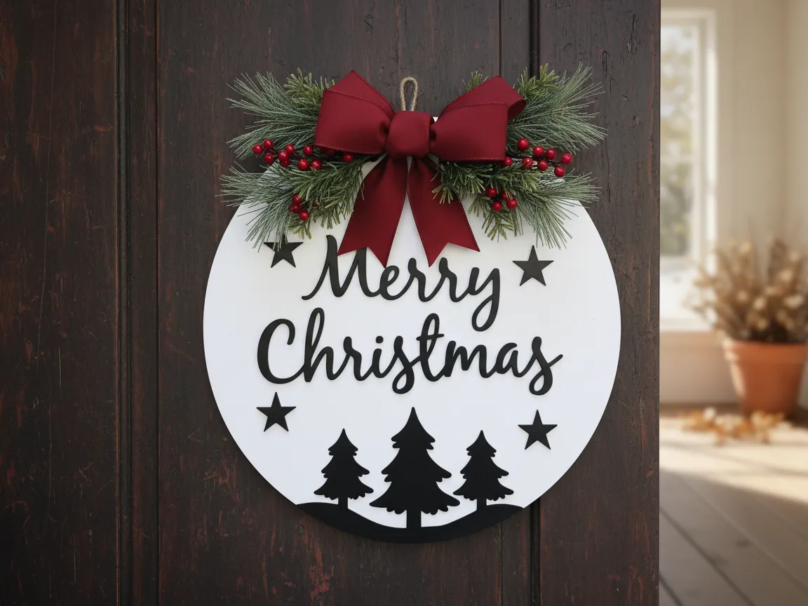 Laser-Cut Frohe Weihnachten Türschild mit Kiefer und rotem Bogen Weihnachts Türdekorationsidee