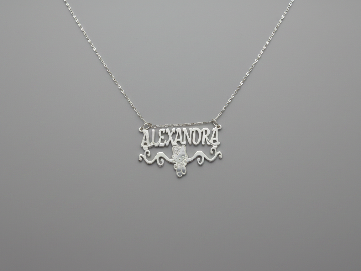 Polished metal personalized name necklace with small Hello Kitty silhouette gift idea