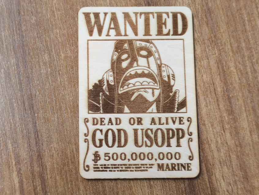 Wooden engraved wanted poster of God Usopp with bounty amount One Piece gift idea