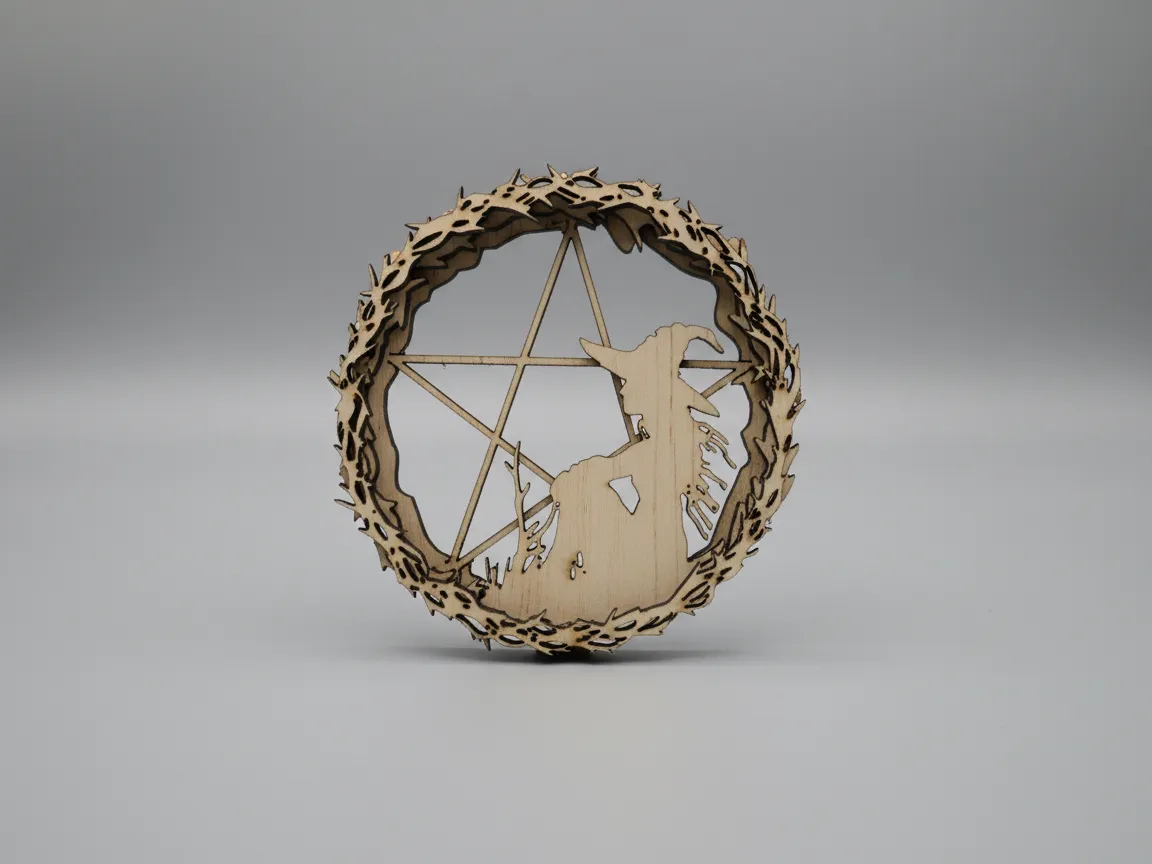 Laser cut wooden witch and pentagram Halloween ornament