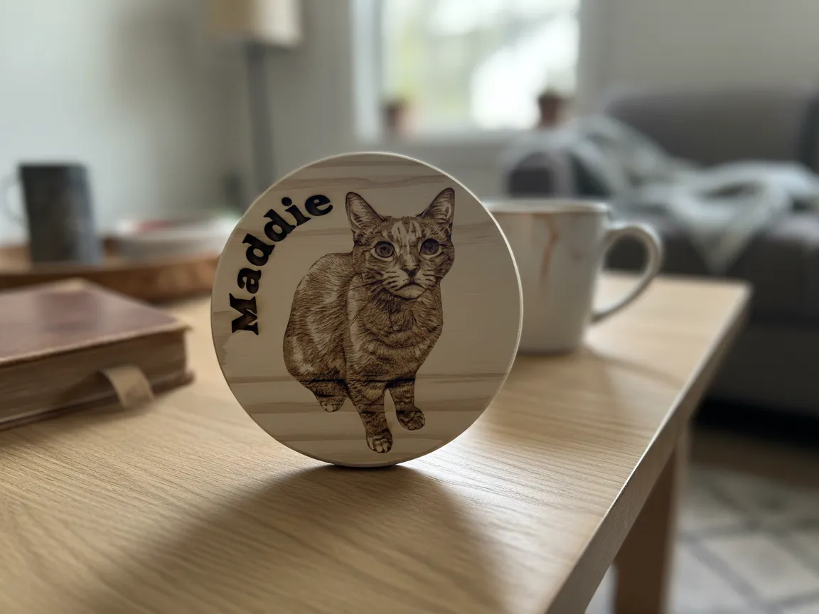 Laser Engraved Wooden Cat Portrait with Name Maddie laser engraved pet portrait idea