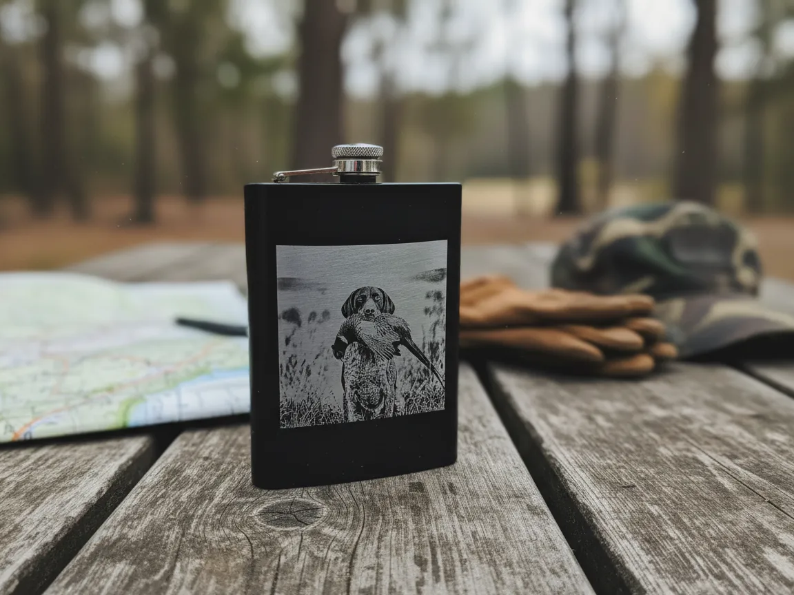 Black Flask with Laser Engraved Hunting Dog and Bird Design groomsmen gift idea
