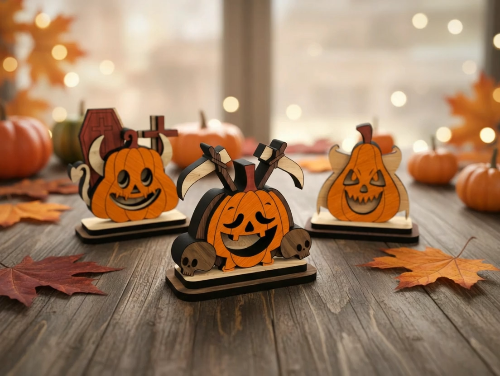 [Laser cut and engrave] Halloween Pumpkin Figurines Set of 3 – Wooden Jack-o’-Lantern Decor
