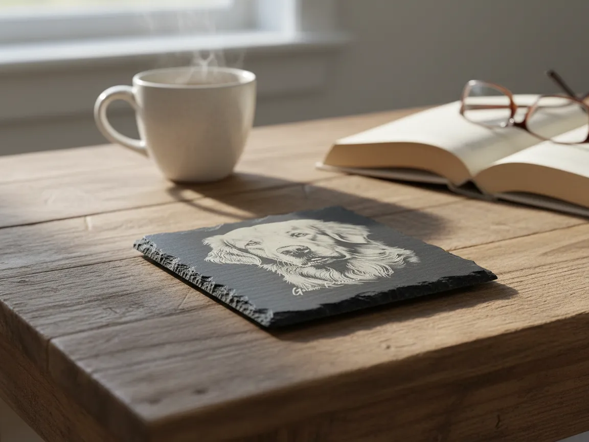 Square slate coaster engraved with a Golden Retriever photo portrait and name