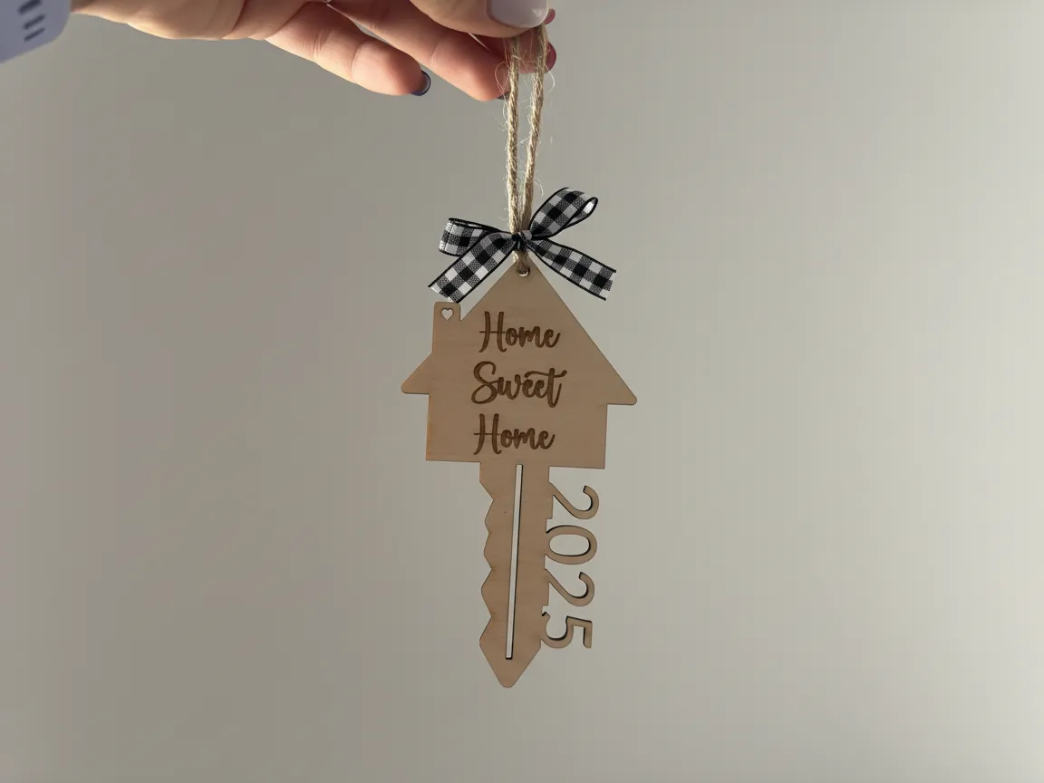 Lasergeschnittenes Schlüssel-Ornament aus Holz mit Gravur 'Home Sweet Home 2025'