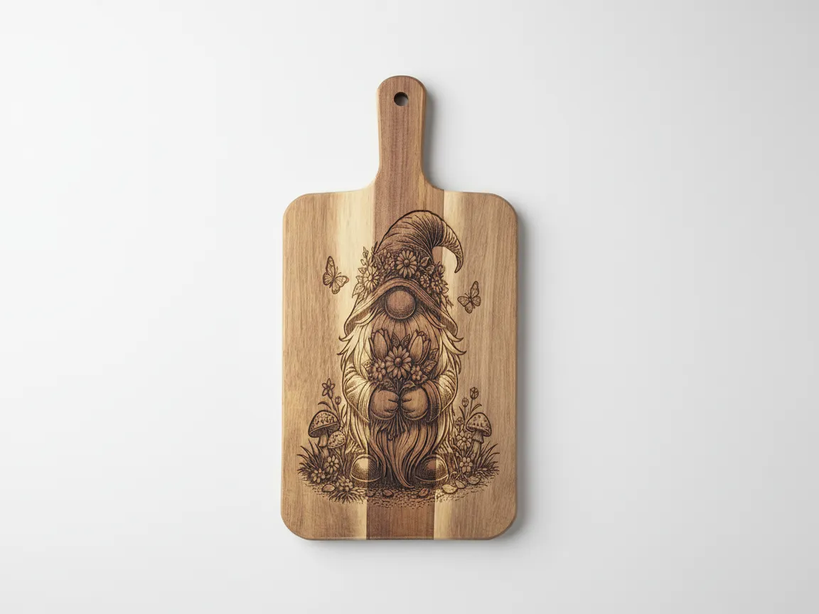 Wooden Cutting Board Featuring a Gnome with Flowers and Butterflies cutting board design