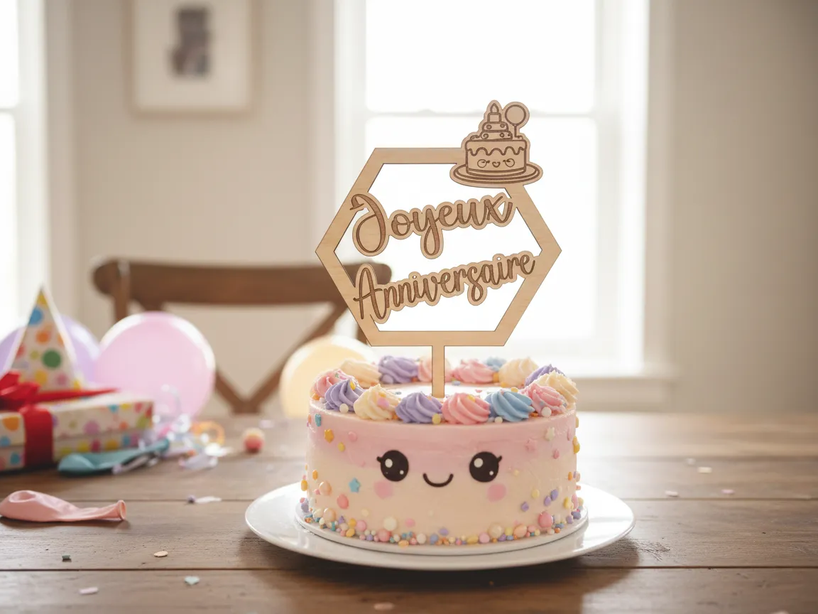 A wooden cake topper in a cute kawaii anime style, with a smiling cake icon and a hand-lettered birthday message