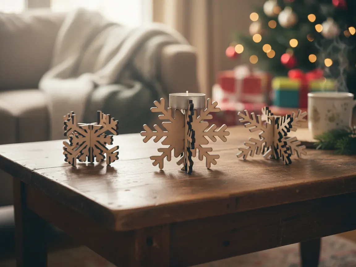 Lasergeschnittene Schneeflocken-Kerzenhalter aus Holz, Weihnachtsdeko Weihnachts-Geschenkkorb-Idee