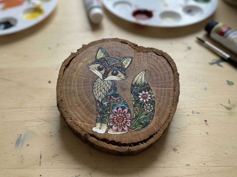 Fox design engraved on a natural unfinished wood slice
