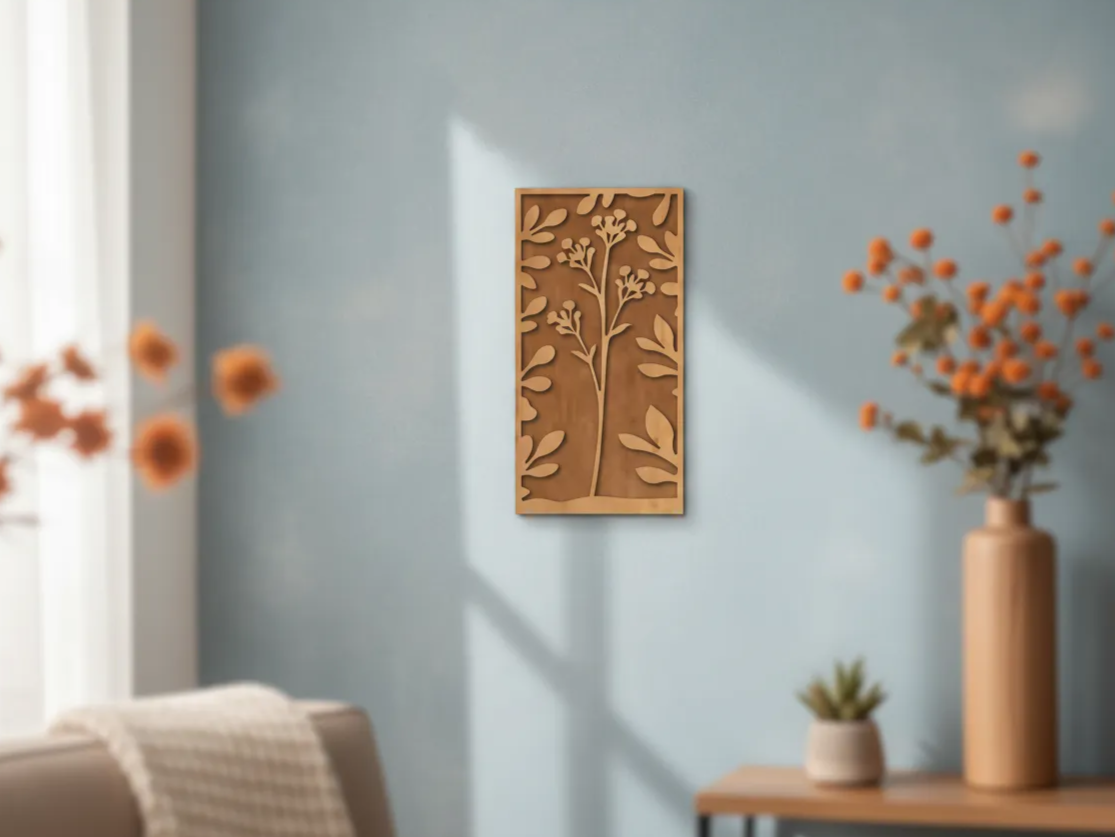 Panel seni dinding bunga persegi panjang dengan motif daun botani