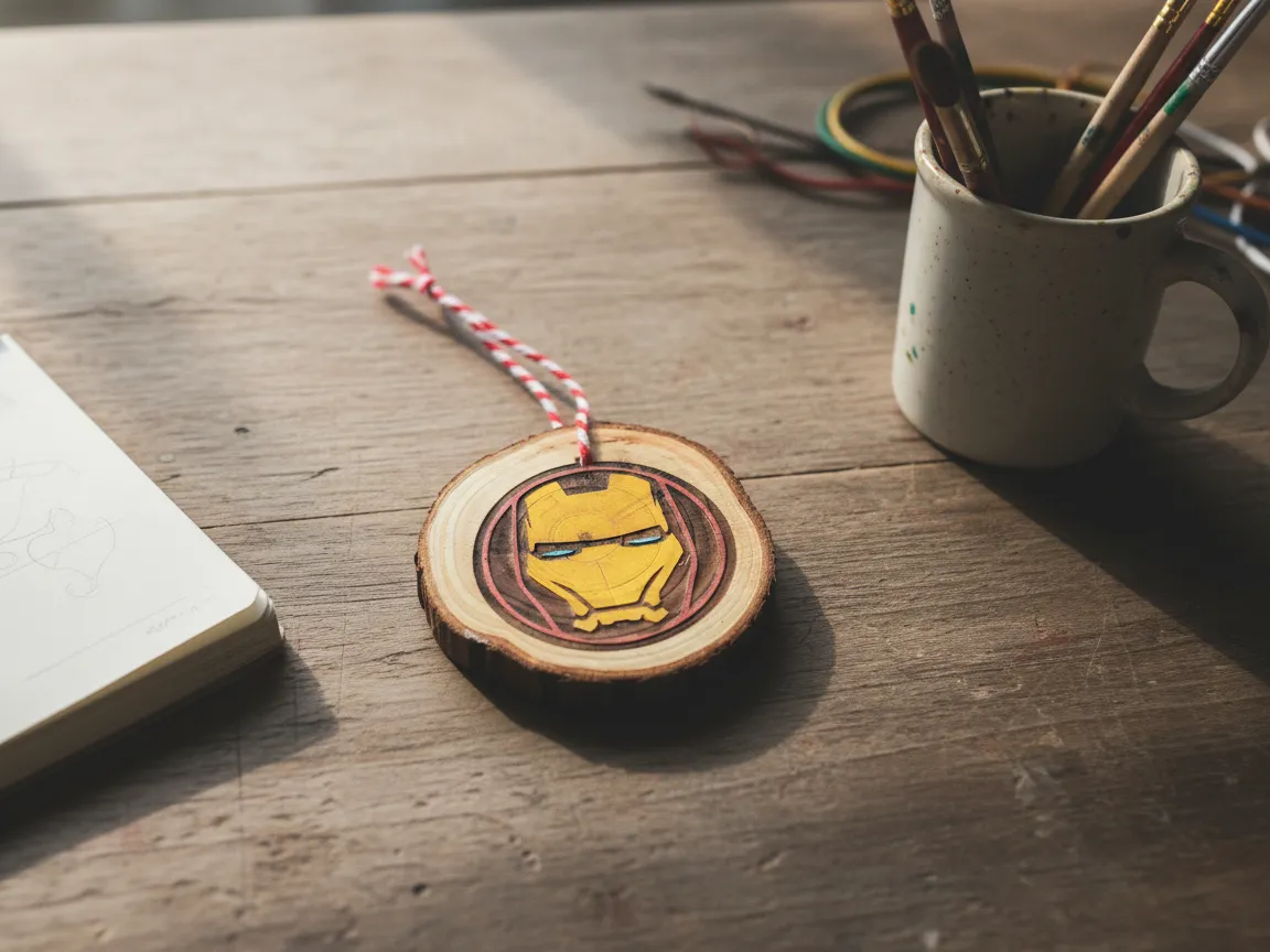 Painted Iron Man wood slice ornament with hanging cord