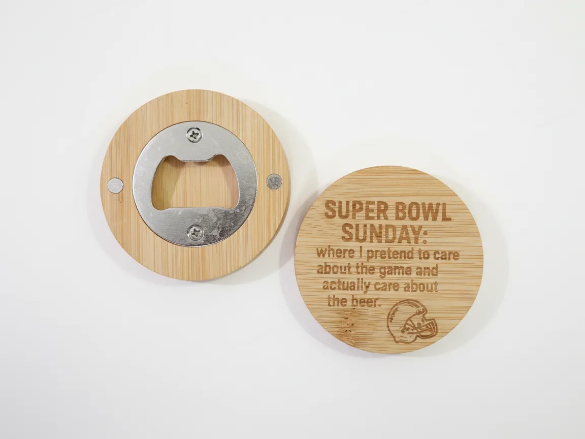 Laser Engraved Bamboo Super Bowl Sunday Bottle Opener Coaster sports party decoration design