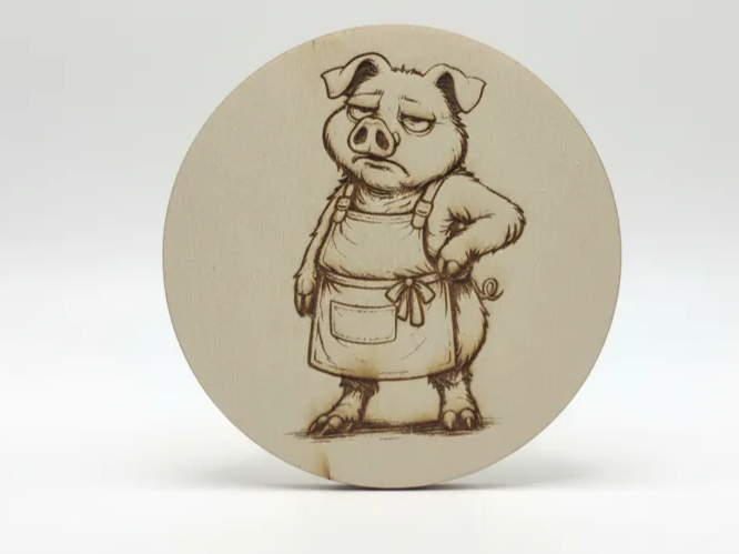 Runder Holzuntersetzer mit gravierter Cartoon-Schwein-Illustration
