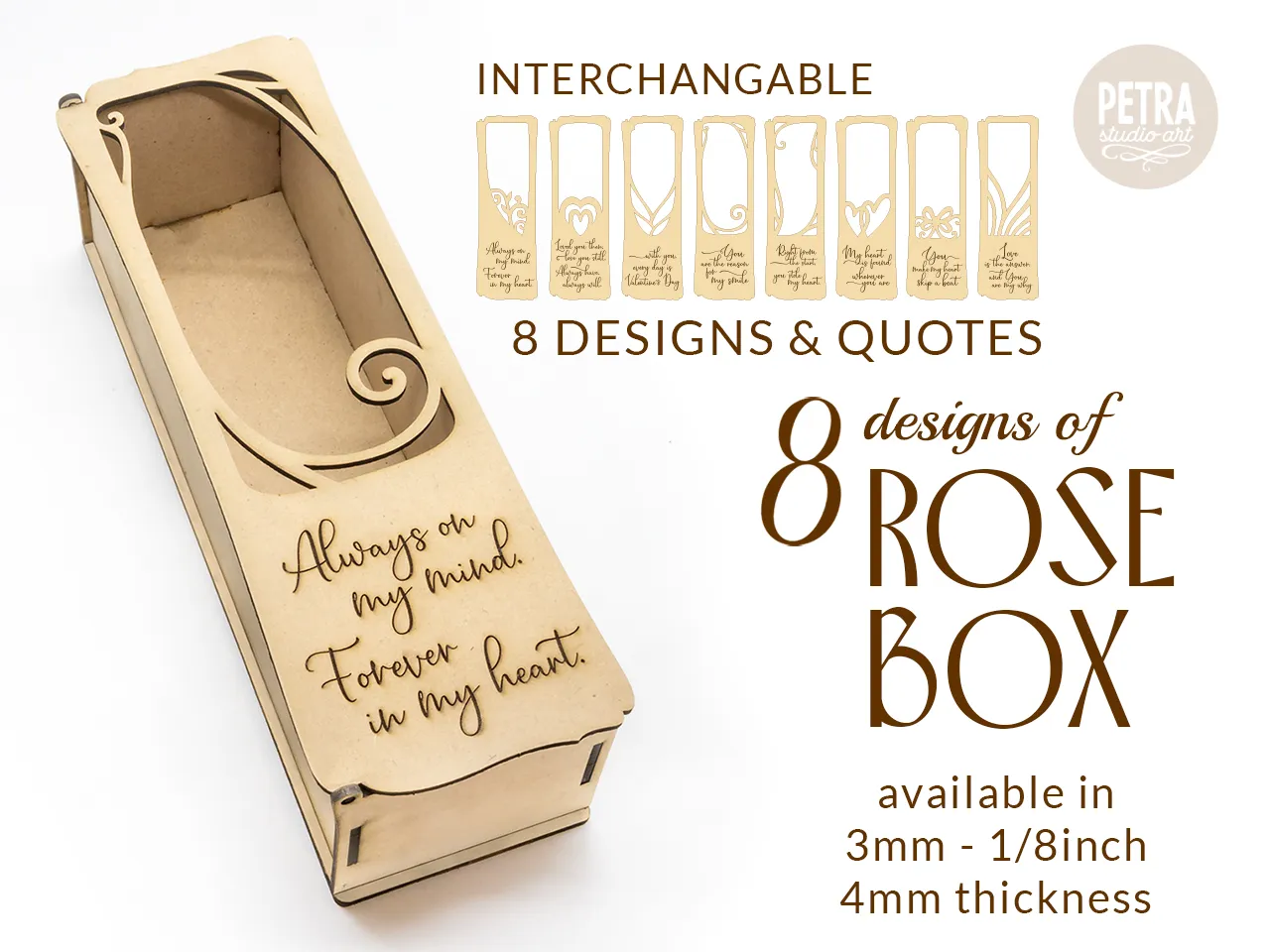 Rose Flower Box Laser Cut Files, with Interchangeable Designs and Romantic Quotes.  flower craft idea