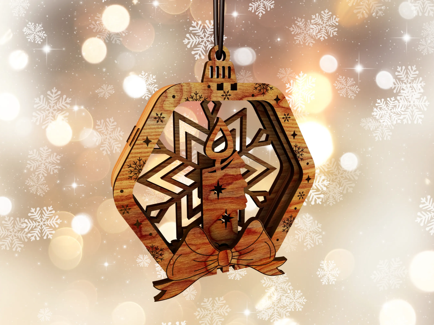 Christmas ornament with candle and snowflake design for window