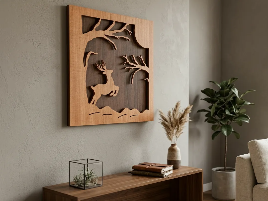Layered Wood Wall Art Featuring a Jumping Deer in a Forest Scene ...