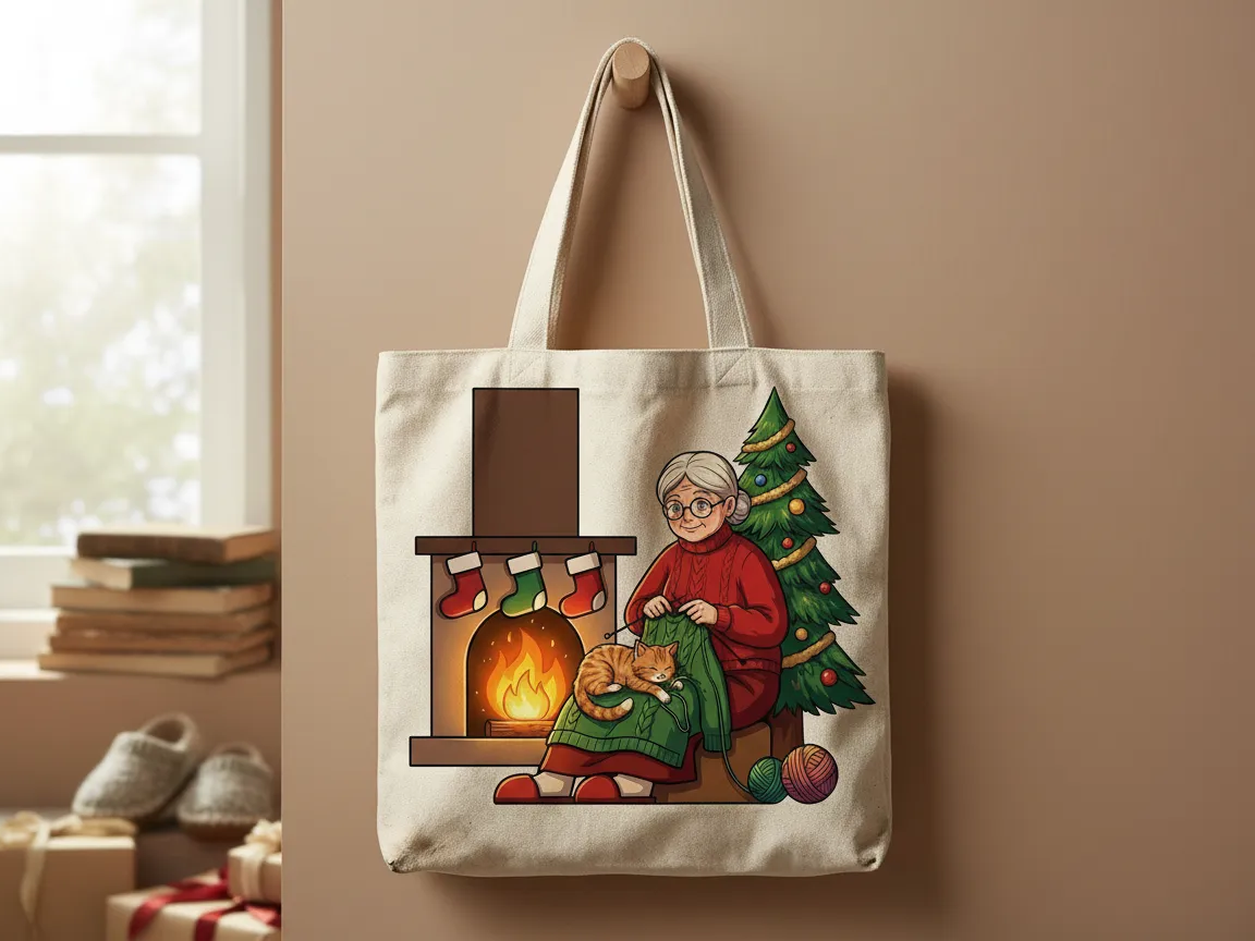 Christmas Knitting Scene Canvas Tote Bag crochet-style design