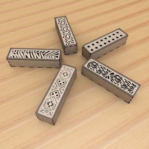 [Laser cut and engrave] Laser Cut Pencil Box SVG with Sliding Lid – Wooden Pen Case Template with Ethnic Geometric Pattern
