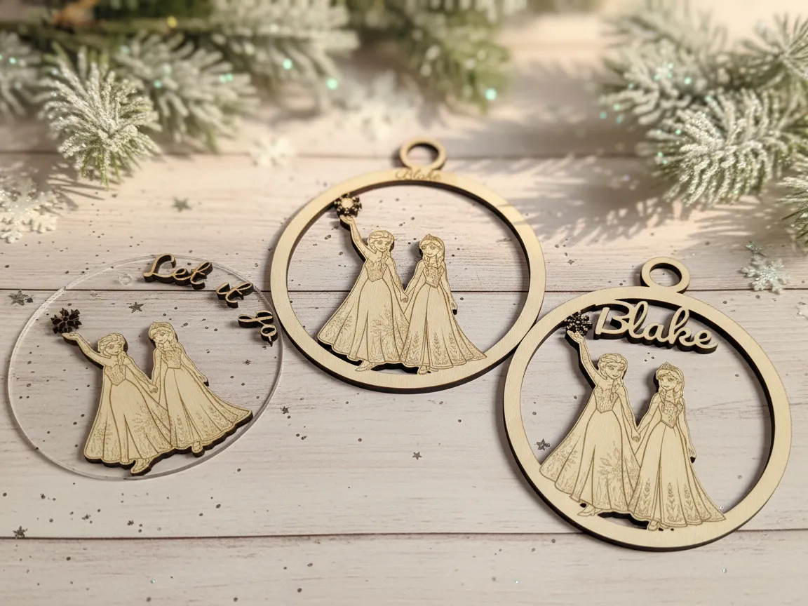 Personalized Wooden Christmas Ornament with Frozen Sisters gift design