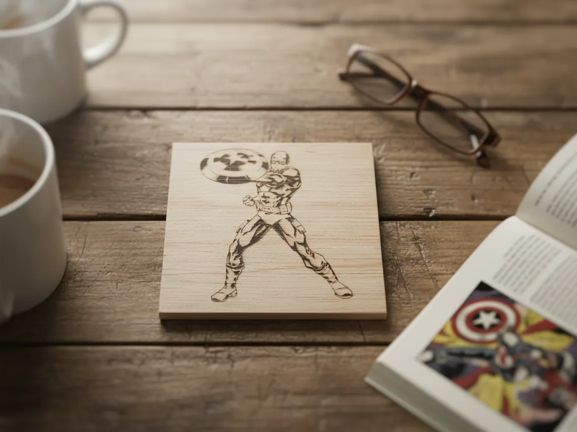 Wooden Captain America coaster laser engraved gift idea
