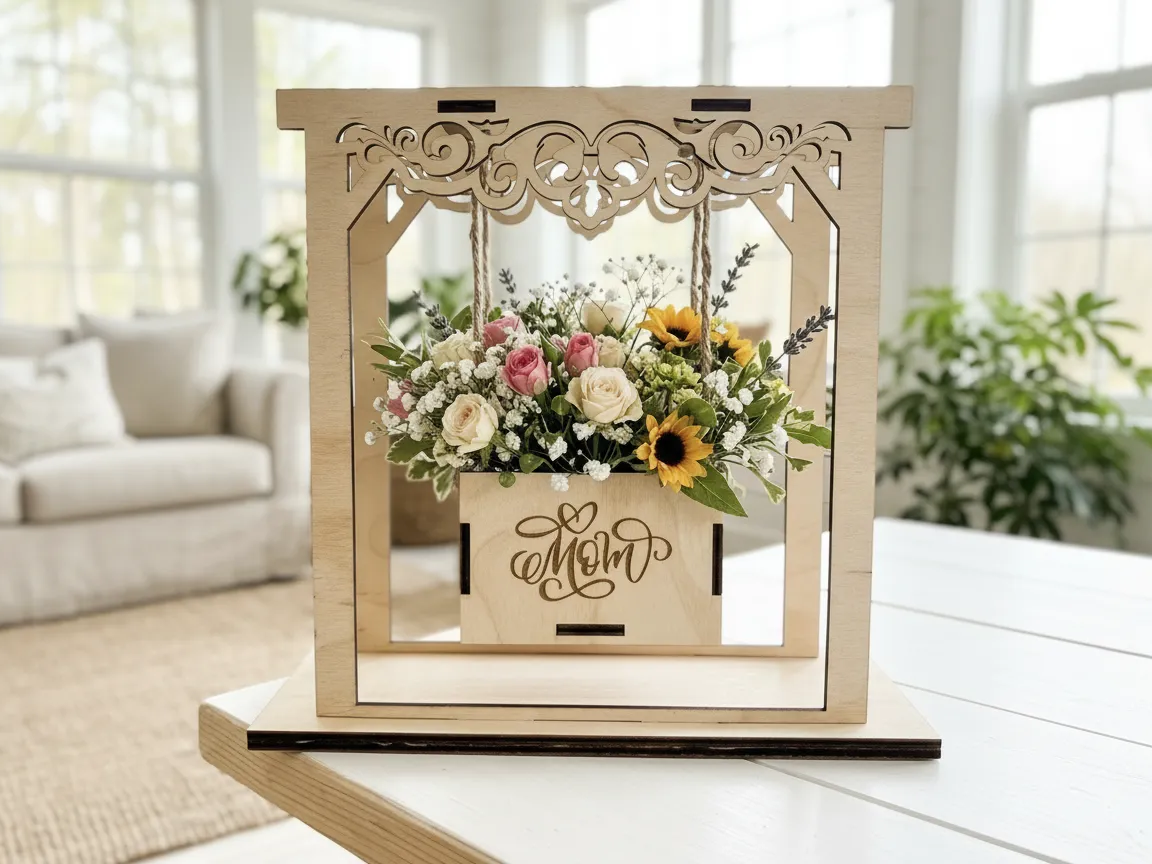 Swinging Planter Tabletop Centerpiece laser-cut design on a styled shelf