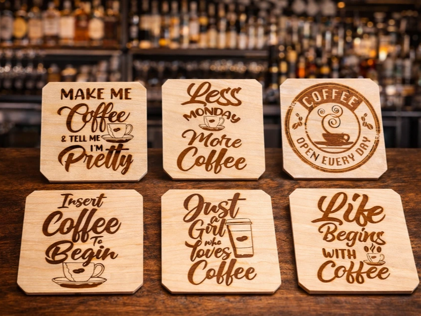 Kaffeeliebhaber-Holzuntersetzer-Kollektion – lasergeschnittene Getränkeuntersetzer mit Kaffeesprüchen, Landhaus-Tischschutz-Deko Laserdesign