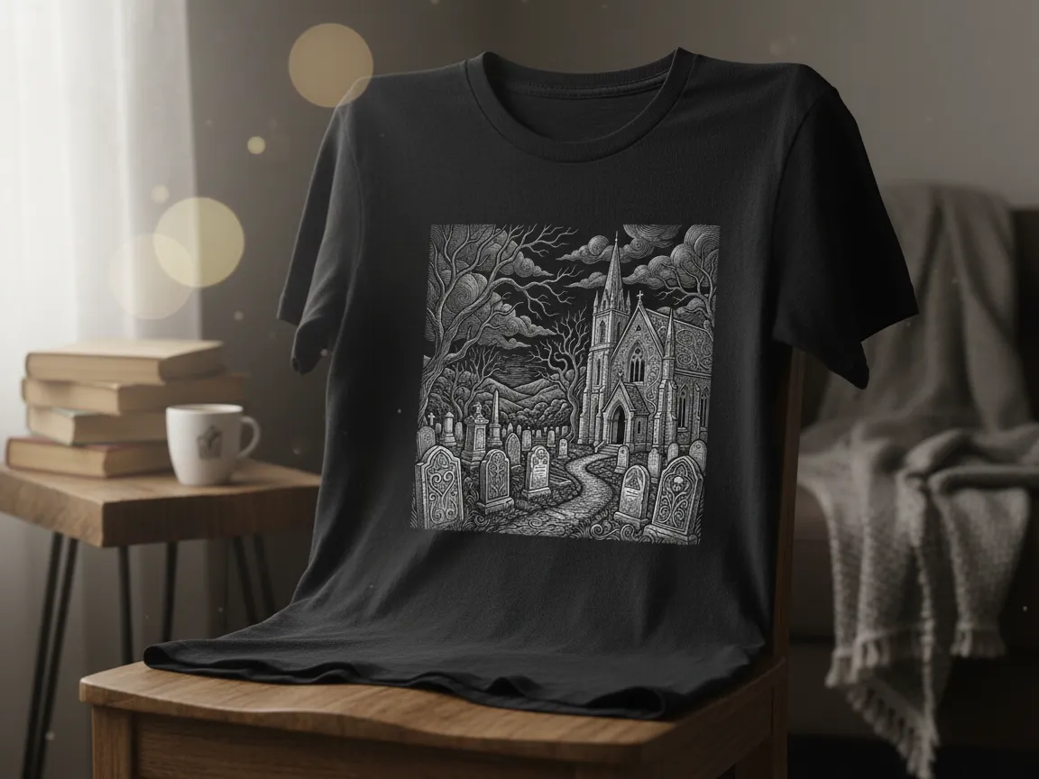 Črna majica s podrobno ilustracijo gotske cerkve in pokopališča