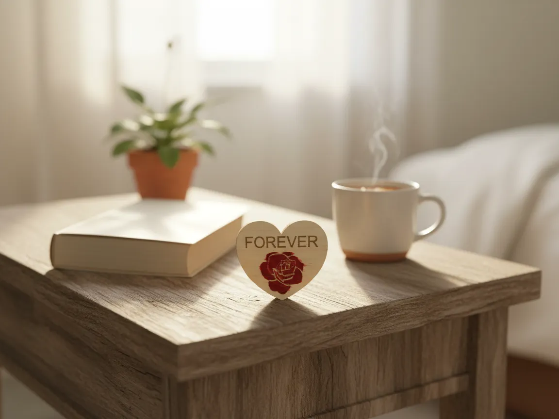 Laser Engraved Heart-Shaped Wooden Ornament with Rose and FOREVER Text personalized ornament design on Atomm