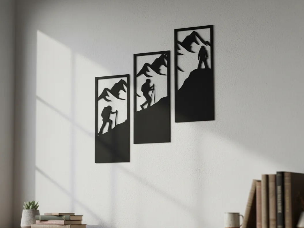 Three-piece mountain hiker silhouette wall art set