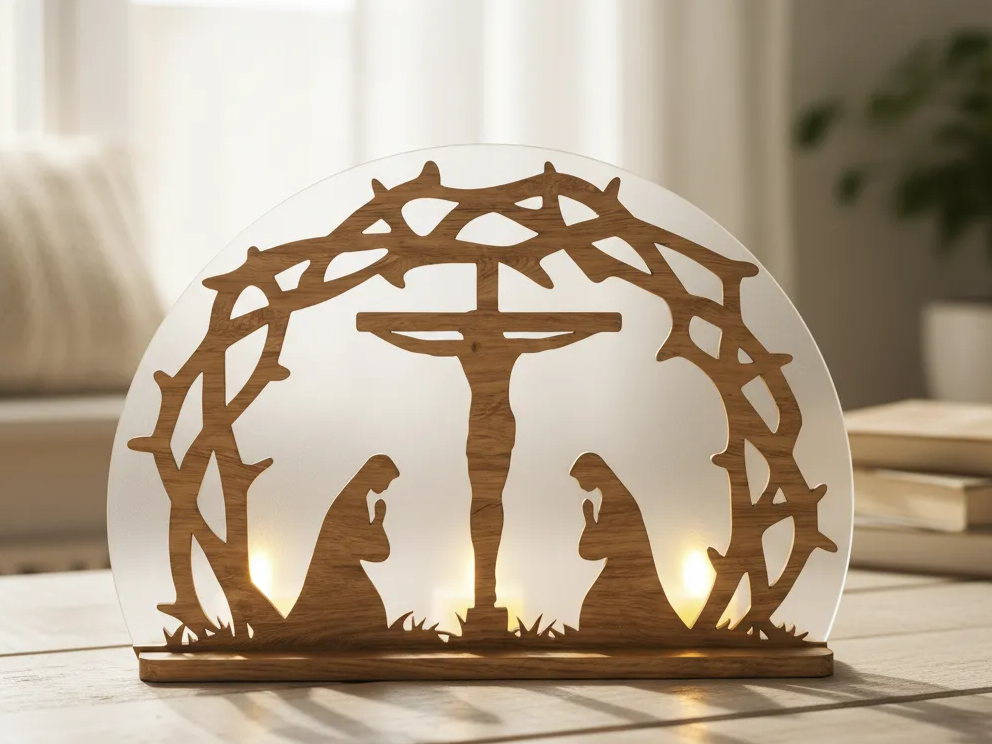Laser cut Easter candle holder depicting the empty tomb with warm light