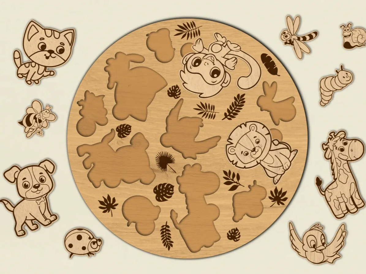 Cute round wooden animal puzzle for toddlers, kids gift idea