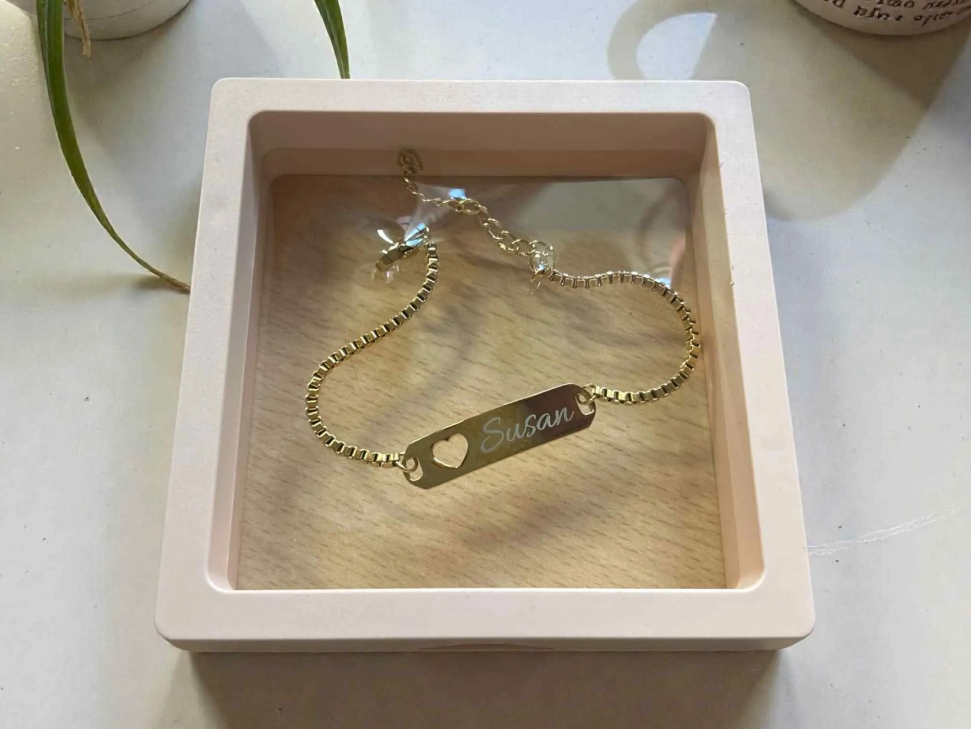 Laser Engraved Gold Name Bracelet with Heart Cutout gift design